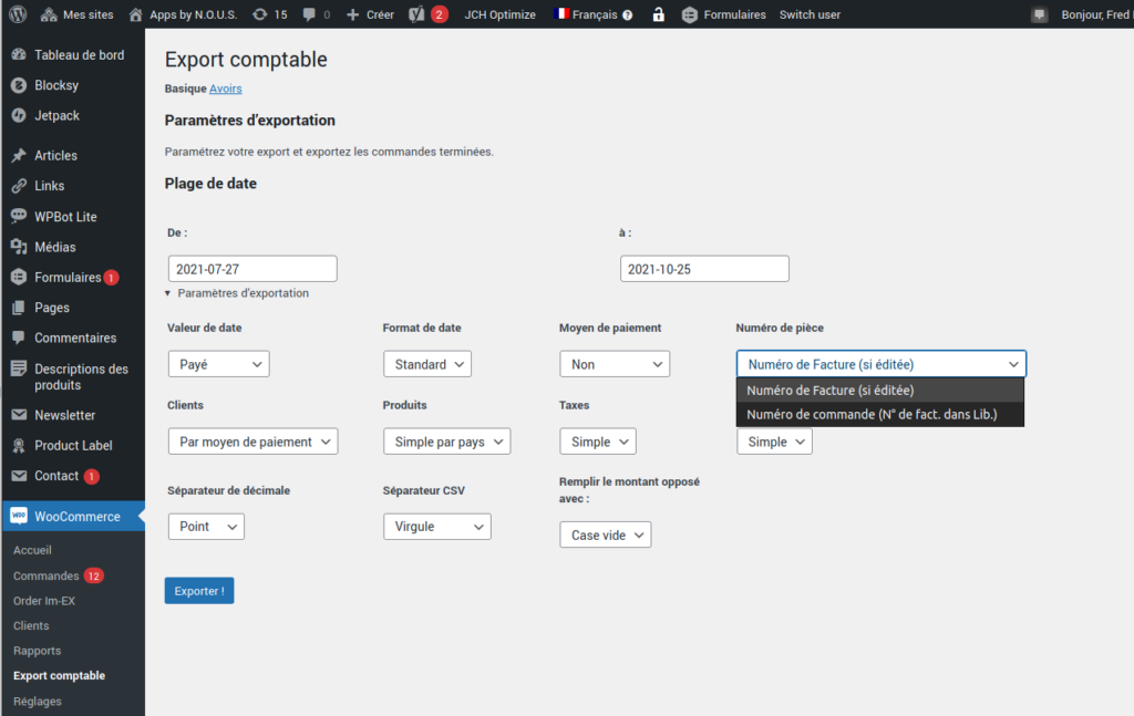 Capture ecran utilisation de WooCommerce PDF Invoices & Packing Slips invoice number